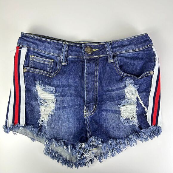 Machine Blue Side Striped Distressed Cotton Cut-Off Denim Shorts Size Medium - Picture 1 of 10
